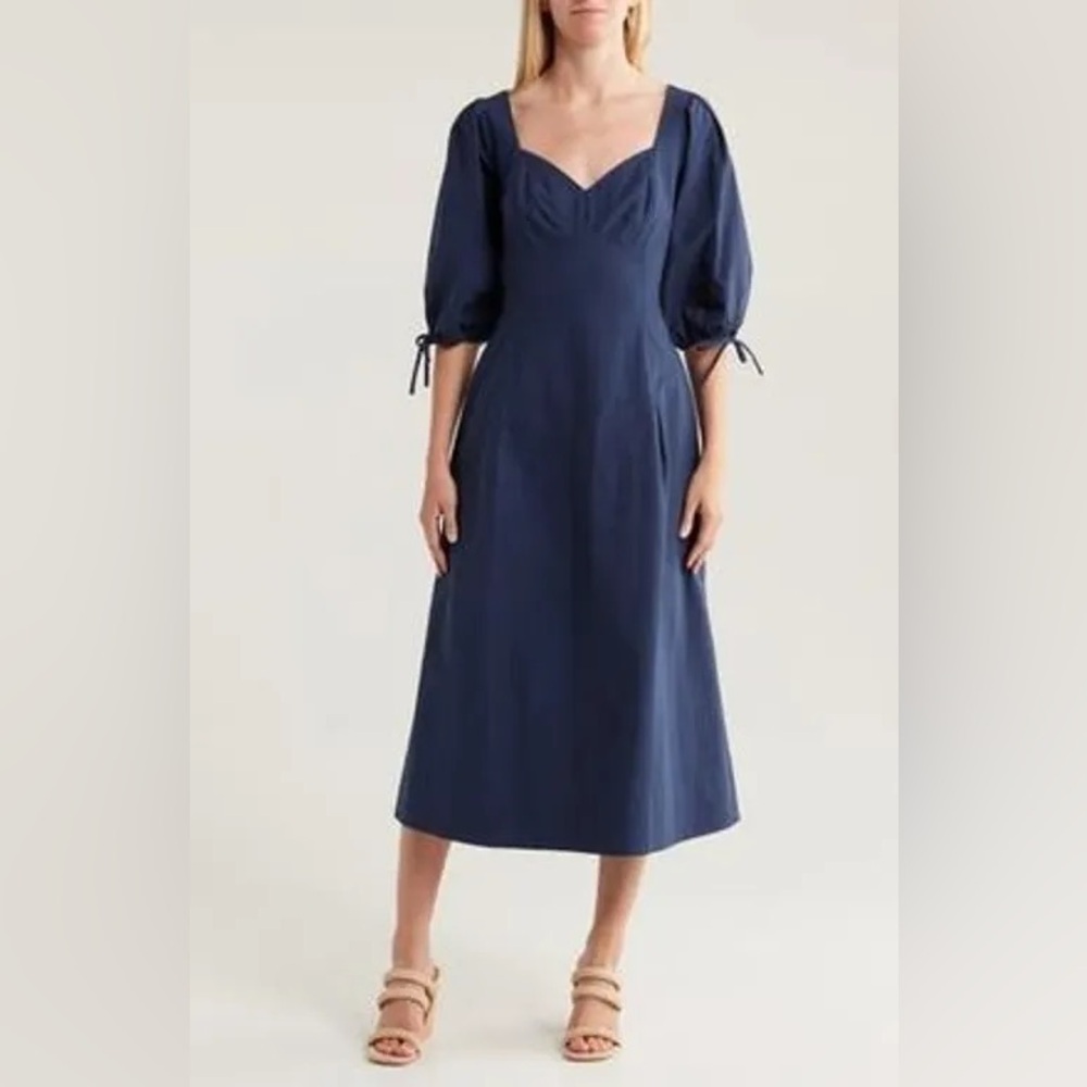 Mila Mae Cotton Blend Navy Blue Midi Dress